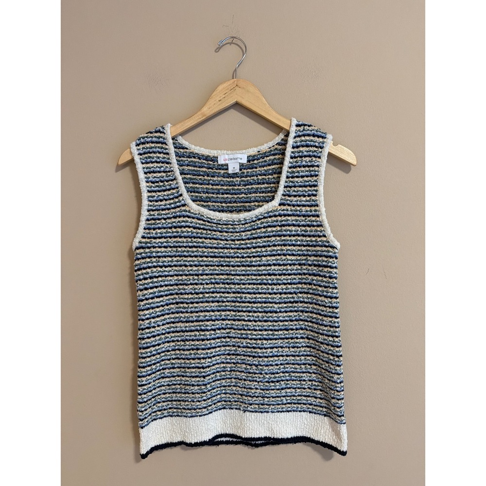 Liz Claiborne Striped Knit Sweater Tank Top Blue Cream Textured Sleeveless M